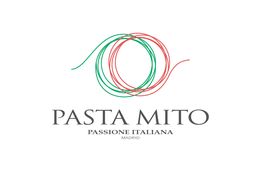 Logotipo de "Pasta Mito" con líneas verde y roja. Texto: "Passione Italiana, Madrid".