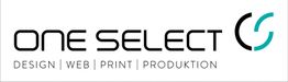 "Logo von One Select: Design, Web, Print, Produktion, mit stilisiertem rundem Symbol rechts."