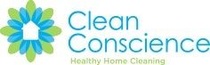 Logo of "Clean Conscience" with green-blue floral design and text on home cleaning.