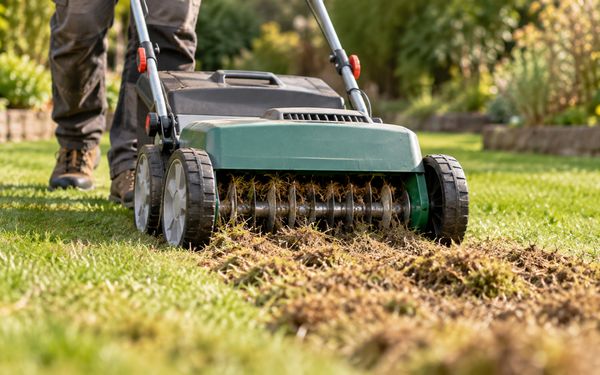 Eine Person fährt mit einem Vertikutierer über den Rasen im Garten und entfernt dabei Moos, Rasenfilz und abgestorbene Pflanzenreste aus der Grasnarbe.