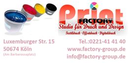 Print-Factory Logo, Adresse: Luxemburger Str. 15, Köln. Kontakt: 0221-41 41 40, Webseite, E-Mail.