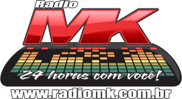Logo da Rádio MK com slogan "24 horas com você!" e site www.radiomk.com.br.