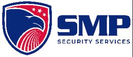 Logo with an eagle emblem and text "SMP Security Services" in blue and red.