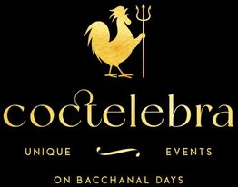 Logo dorado de gallo y tridente con texto "Coctelebra: Unique Events on Bacchanal Days".