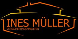 Logo: "Ines Müller - Versicherungsmaklerin" in orange, mit stilisiertem Hausumriss im Hintergrund.