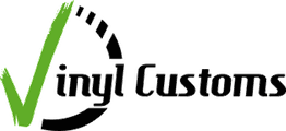 Logotipo de "Vinyl Customs" con una marca de verificación verde y elementos negros.