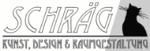 Logo mit Schriftzug "SCHRÄG" und schwarzem Katzen-Silhouette, Text: Kunst, Design & Raumgestaltung.