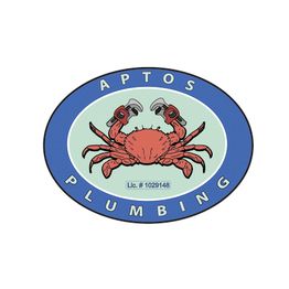 Crab holding wrenches in a blue oval with "Aptos Plumbing" text around it. License #1029148.