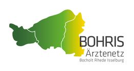 Logo von BOHRIS Ärztenetz in Grün und Gelb, mit den Städten Bocholt, Rhede und Isselburg.