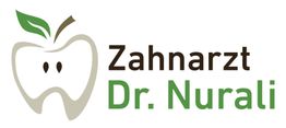 Logo mit Apfel-Zahn-Icon und Text: "Zahnarzt Dr. Nurali" in braun und grün.