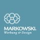 Blumenlogo über dem Schriftzug "MARKOWSKI. Werbung & Design" auf blauem Hintergrund.