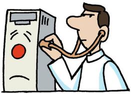 Ein Mann hört mit Stethoskop einen traurigen Computer ab.