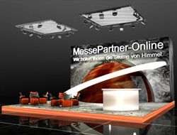 Messestand mit Schriftzug "MessePartner-Online" und Slogan, umgeben von Sitzgelegenheiten.