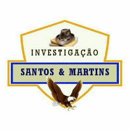 Escudo com chapéu, livros, águia e texto "Investigação Santos & Martins".