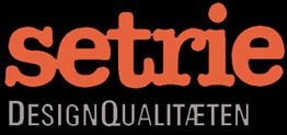 Schwarzes Logo mit orangefarbenem Schriftzug "setrie" und weißem Text "DesignQualitäten".