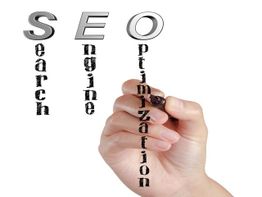 Handwriting "SEO" with words: search, engine, optimization, vertically aligned.
