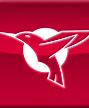 Rotes Kolibri-Logo vor weißem Kreis auf quadratischem Hintergrund.