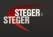 Logo mit Text „Steger & Steger“ und rotem, gebogenem Akzent auf schwarzem Hintergrund.