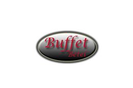 Logotipo com texto "Buffet Betel" em letras vermelhas sobre fundo oval preto.