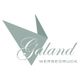 Logo mit grauem Origami-Vogel und dem Schriftzug "Galand Werbedruck".