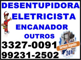 Cartaz de serviços: desentupidora, eletricista e encanador. Contato: 3327-0091, 99231-2502.