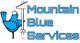 Blue bird in hard hat near electrical pole with "Mountain Blue Services" text.
