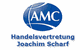 Logo der AMC Handelsvertretung Joachim Scharf, blauer Hintergrund mit weißer Schrift.