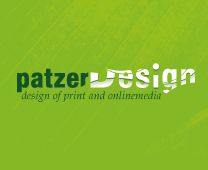Grünes Logo mit Schriftzug "patzerDesign" und Text "design of print and onlinemedia".