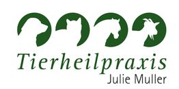 Schattenbilder von Hund, Katze, Pferd, Ziege; Text: "Tierheilpraxis Julie Muller".