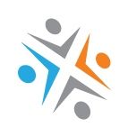 Abstrakte Grafik: Stern aus Menschenfiguren in Grau, Blau und Orange auf weißem Hintergrund.