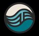 Abstract ocean wave logo with blue and white colors inside a circular black border.