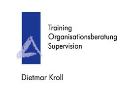 Blaues Logo mit einem Dreieck und Text: „Training Organisationsberatung Supervision, Dietmar Kroll“.