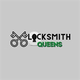 Logo with crossed keys and text: "Locksmith Queens" on a gray background.