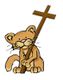 Cartoon lion holding a large wooden cross, sitting and smiling.
