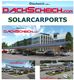 Dreifache Anzeige von Solargaragen vor einem modernen Gebäude mit Autos. Text: "Dachscheich Solarcarports".