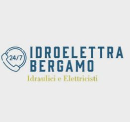 Logo di "Idroelettra Bergamo" con testo "Idraulici e Elettricisti" e icona telefono 24/7.