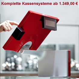 Rotes Kassensystem mit Bildschirm und Text: "Komplette Kassensysteme ab 1.349,00 €".