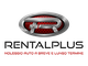Logo "Rental Plus", noleggio auto a breve e lungo termine. Sfondo rosso e grigio metallico.