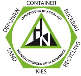 Logo mit grünem Dreieck, umgeben von Recycling-Begriffen: Deponien, Kies, Sand, Container.