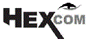 Logo mit Text "HEXCOM" und kleinem Flugzeugbild über dem Buchstaben "O".