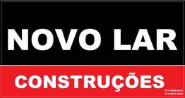 Placa: "NOVO LAR CONSTRUÇÕES". Texto branco e vermelho com fundo preto e vermelho.