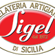 Logo della Gelateria Artigianale Sigel di Sicilia, con scritte su sfondo bianco e rosso.