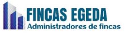 Logo de Fincas Egeda, administradores de fincas, con imagen de edificios azules y grises.