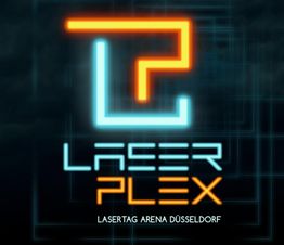 Logo von Laser Plex mit blau-orange Neonfarben, darunter Text: Lasertag Arena Düsseldorf.