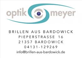 Optik Meyer Logo mit Kontaktinformationen in Bardowick, Deutschland.