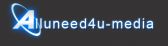 Logo von "Alluneed4u-media" mit blauem Schriftzug und einem orbitalen Symbol vor schwarzem Hintergrund.
