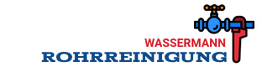 Logo mit Pfeifen-Illustration und Text: "Wassermann Rohrreinigung".