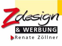 Logo mit "Zdesign & Werbung Renate Zöllner" vor gelbem Hintergrund.