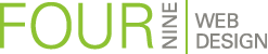 Grüner Text "FOUR NINE" gefolgt von grauem Text "WEB DESIGN" auf weißem Hintergrund.