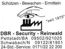 DBR Security-Logo mit Auge und Hand, Kontaktinformationen für Pettstadt und Schwabach.